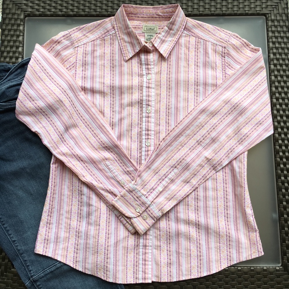L.L. Bean Cotton Button Long Sleeve striped floral